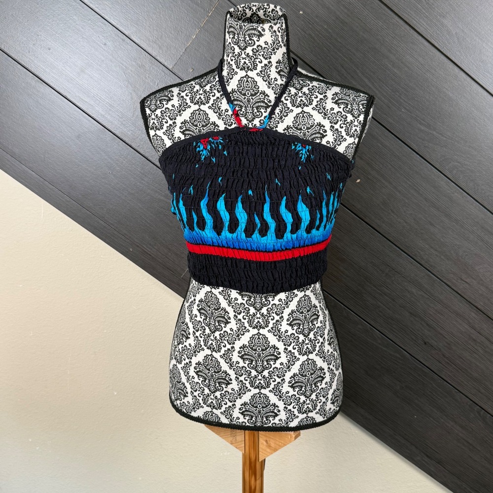 Fun-Wear Women S-L Y2K Black Blue Flame Halter Crop Top Biker Grunge Streetwear